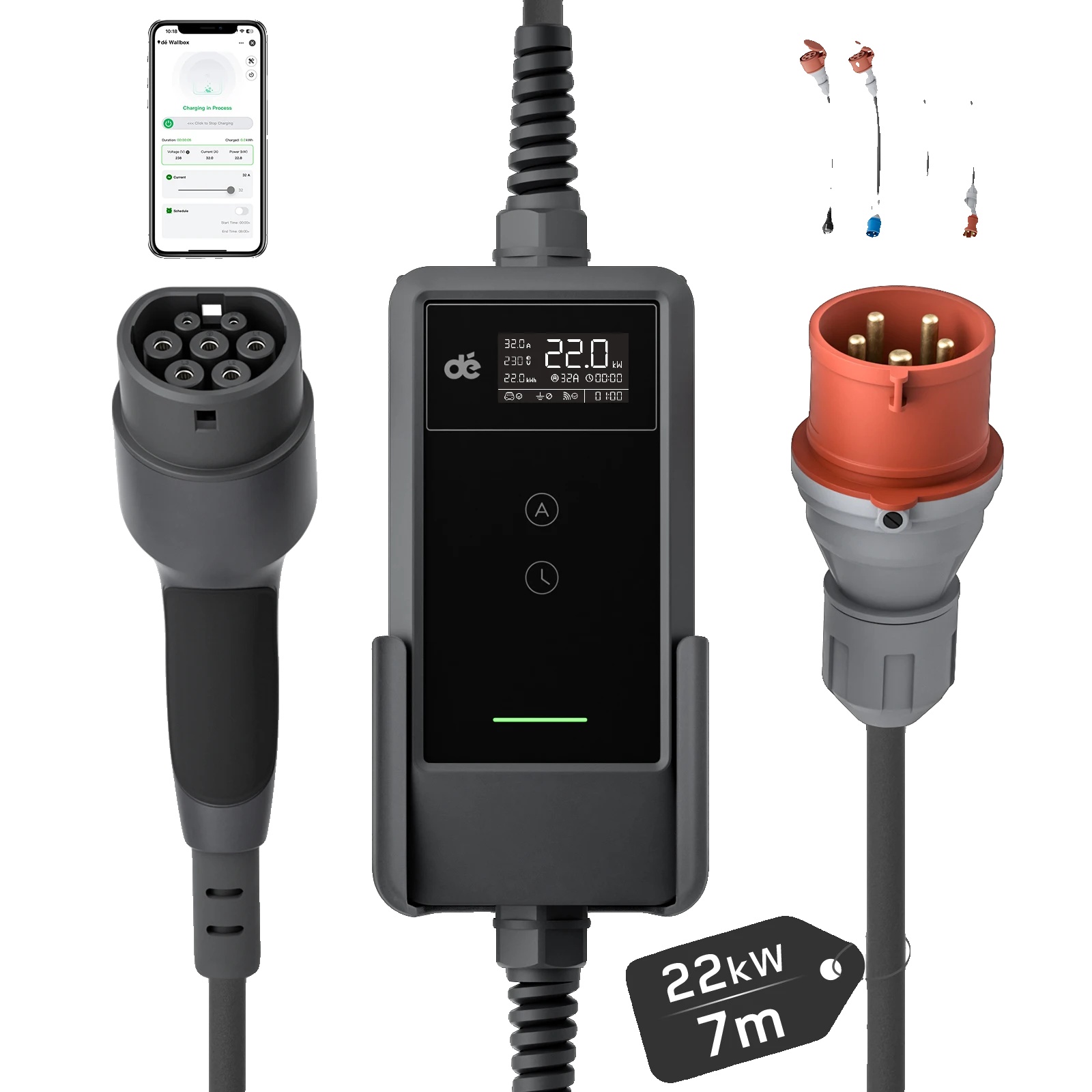 Ev-ladegerät, 22 Kw Leistung, Flexible Stromoptionen, 7m Reise-set