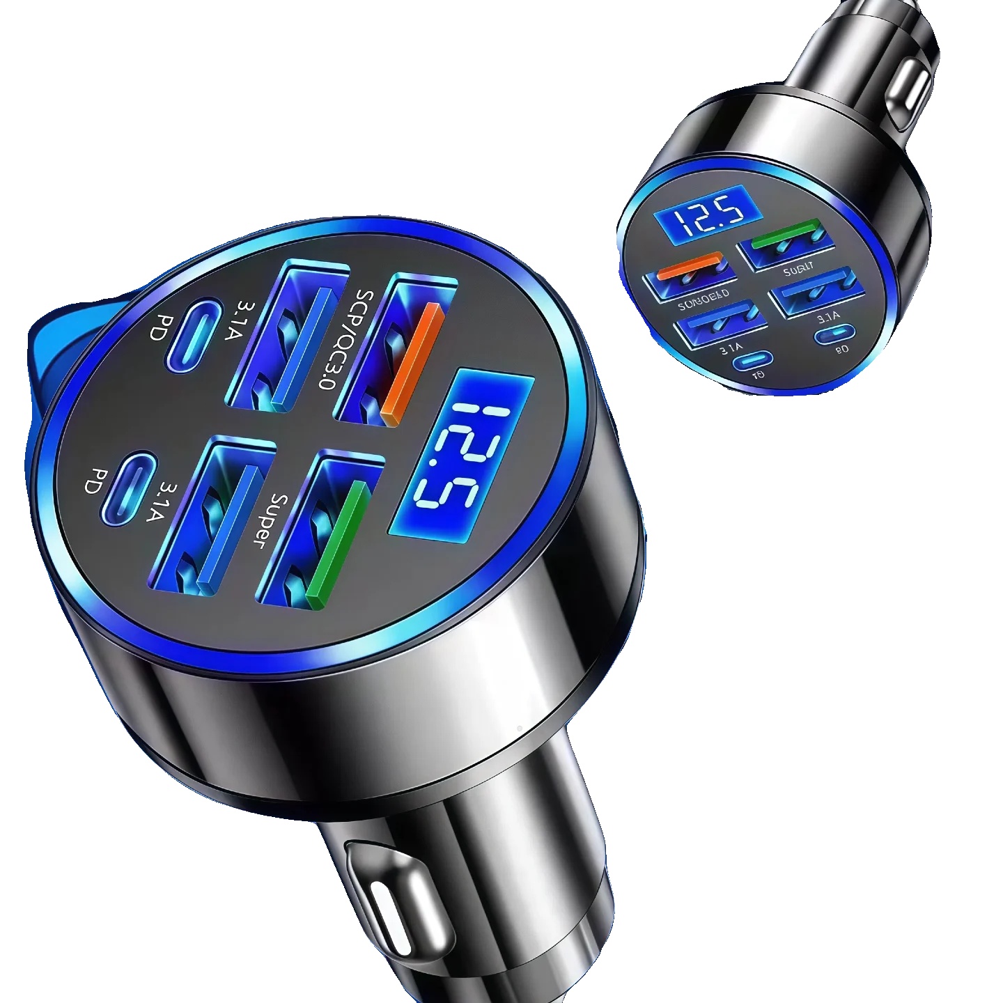 Auto-ladegerät, 4 Usb-ports, Usb-c-port, 4,8a Gesamtausgang, 12v Dc Eingang, Digitaler Spannungsmonitor
