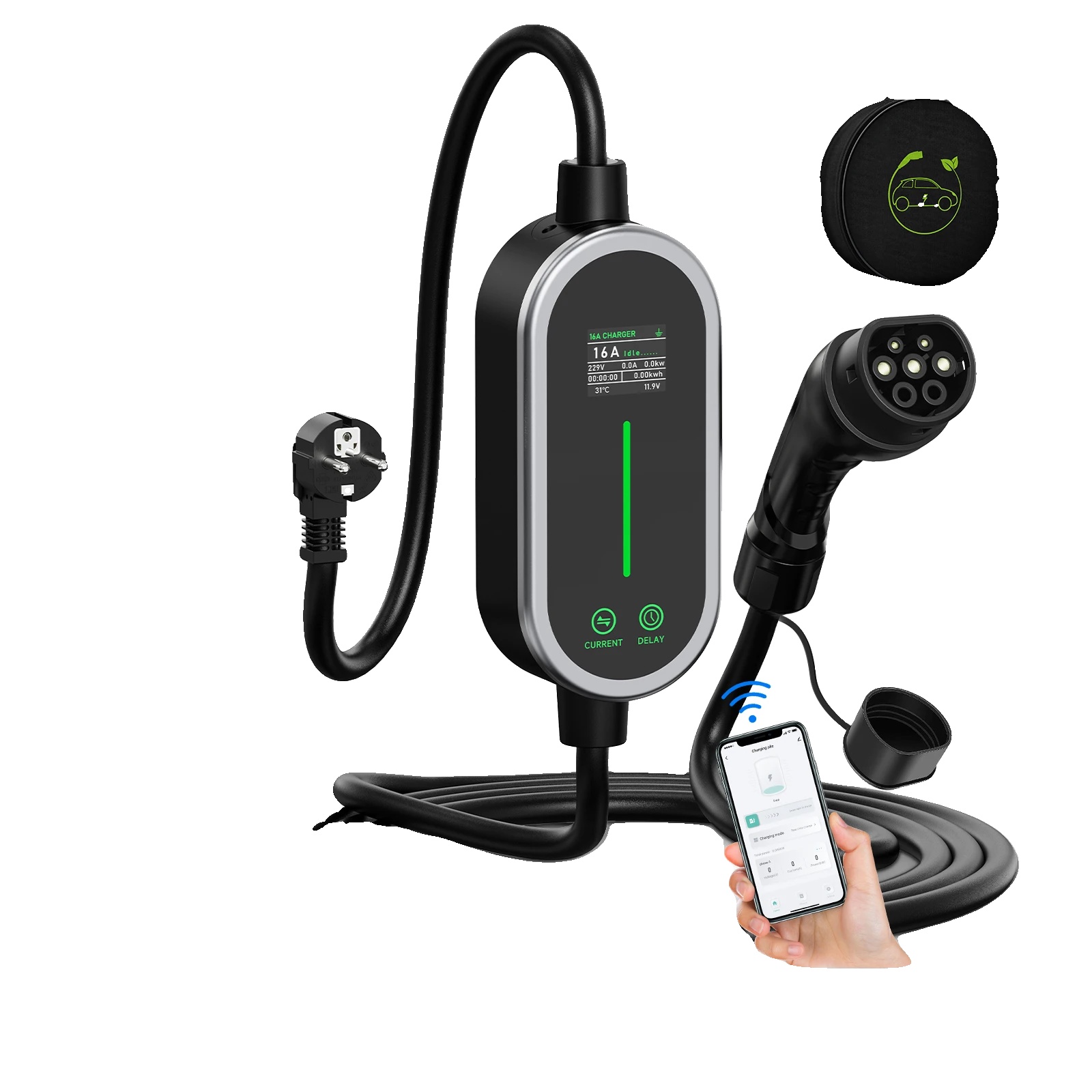 Tragbares Ev-ladegerät, Intelligente Steuerung, Einstellbarer Strom, Schwarz