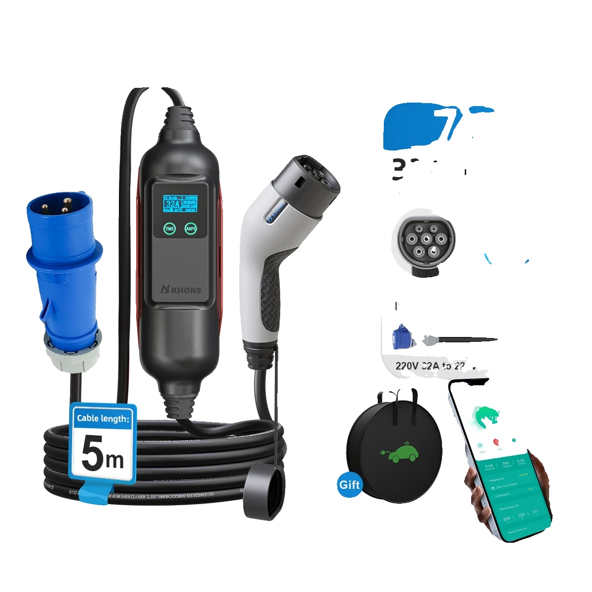 Tragbares Ev-ladegerät, 7kw Leistung, Wifi-app-konnektivität, 7kw Und 16a Adapter, Type2
