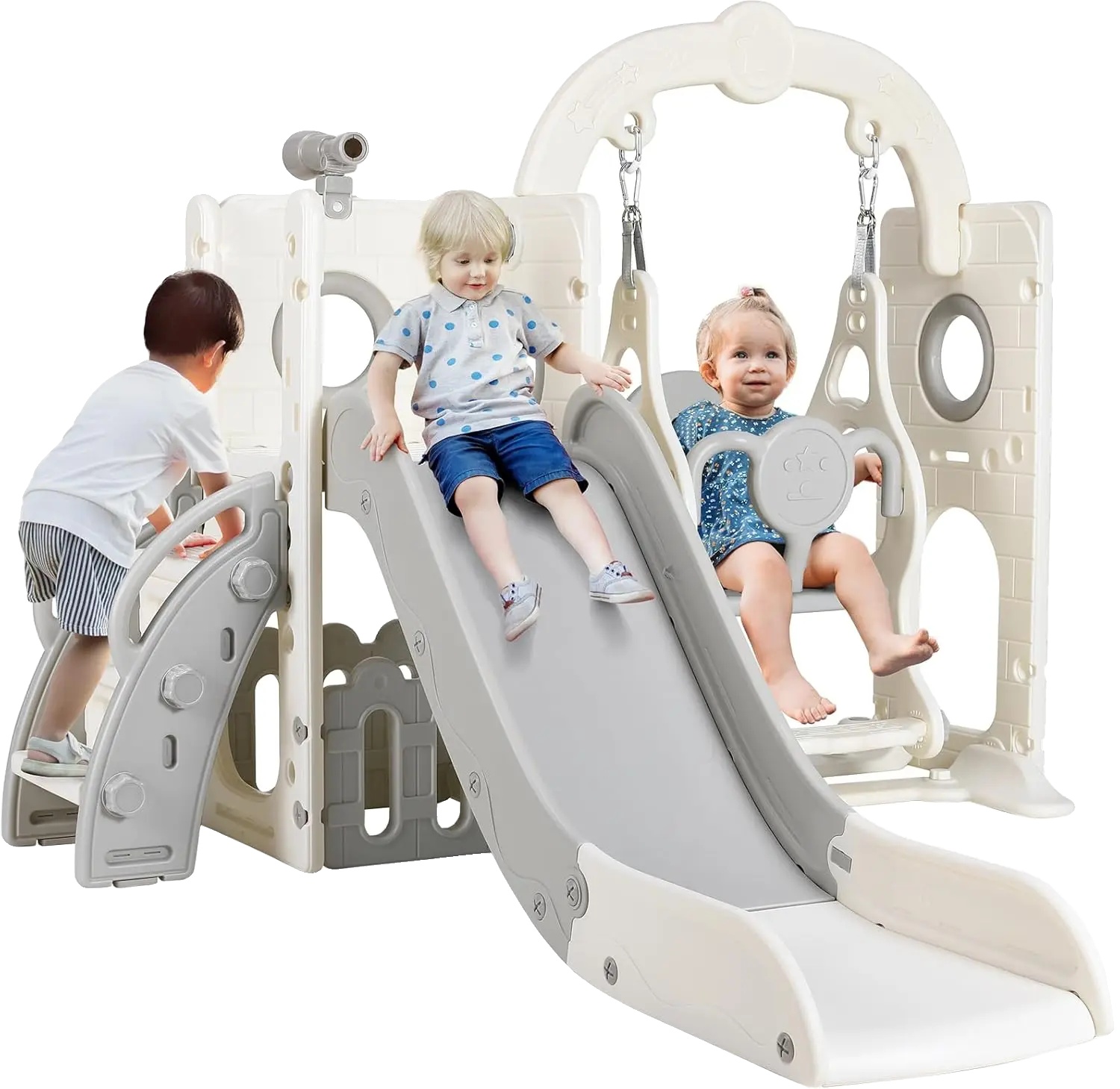 Kinderrutsche Mit Schaukel, 5-in-1, Klettergerüst, Weiß Und Grau