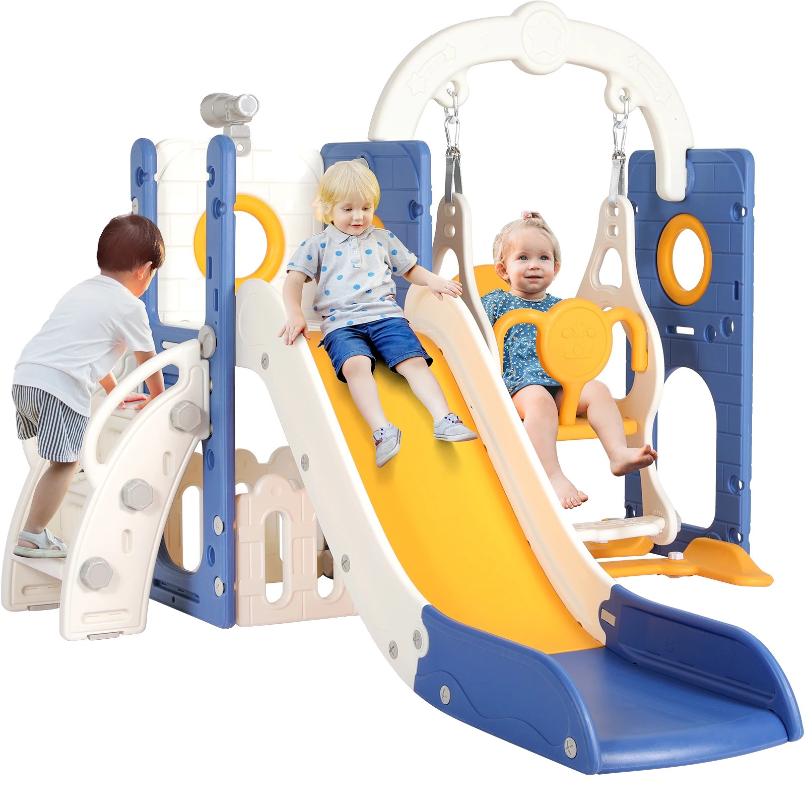 Kinderrutsche Mit Schaukel, 5-in-1, Klettergerüst, Blau Und Gelb