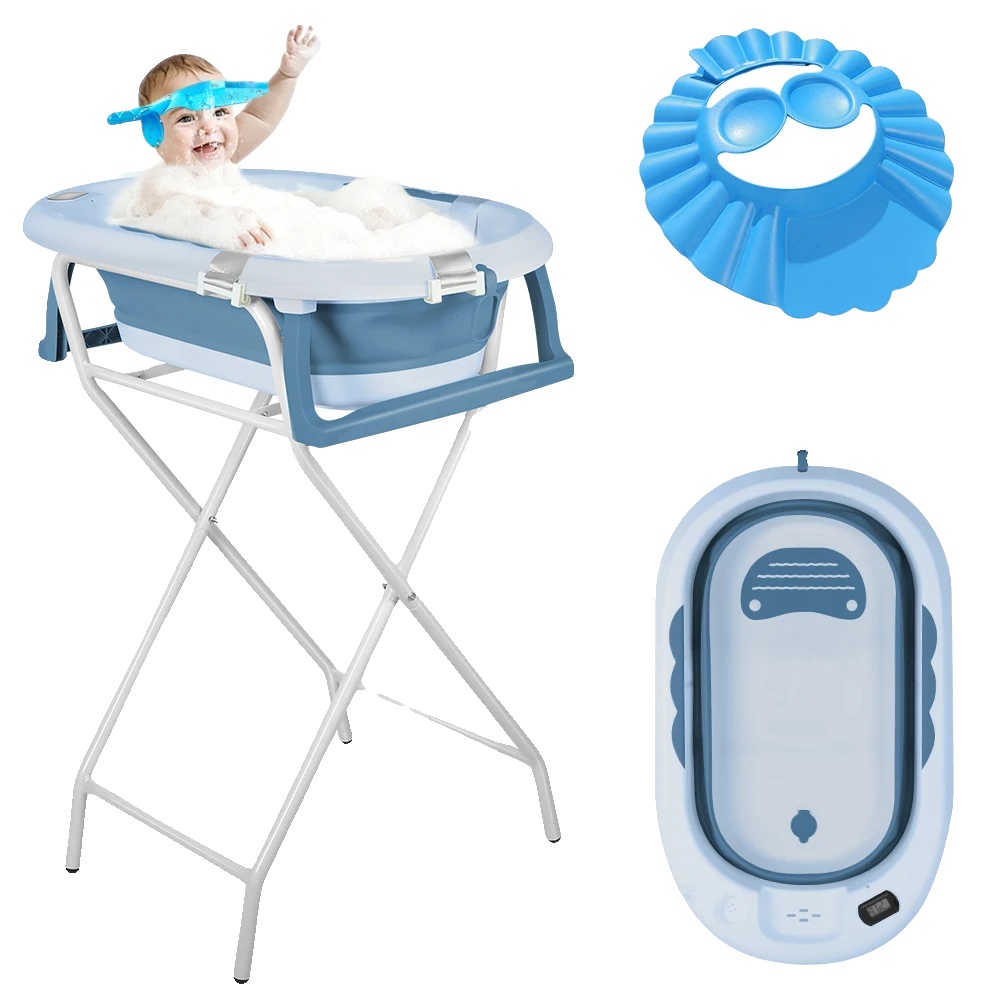 Babybadewanne, Faltbares Design, Integriertes Thermometer, Blau