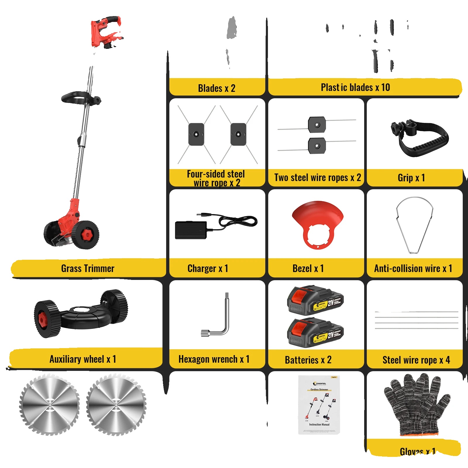 Gras-trimmer, Mehrblatt-optionen, Leichtbauweise, Rote 2 Batterien