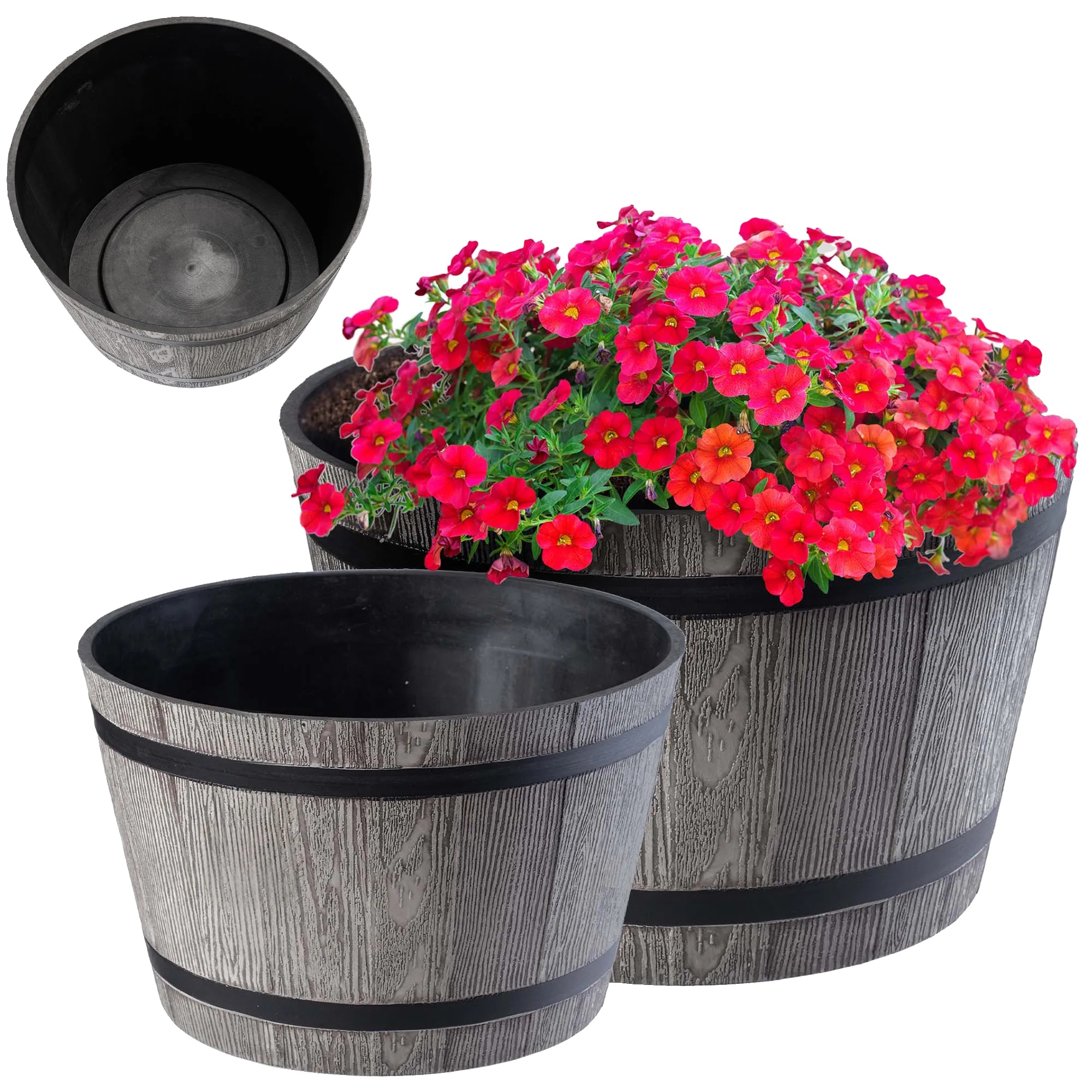 Blumentopf, Fassförmig, Frostbeständiges Design, Dunkelgrau, Mittel