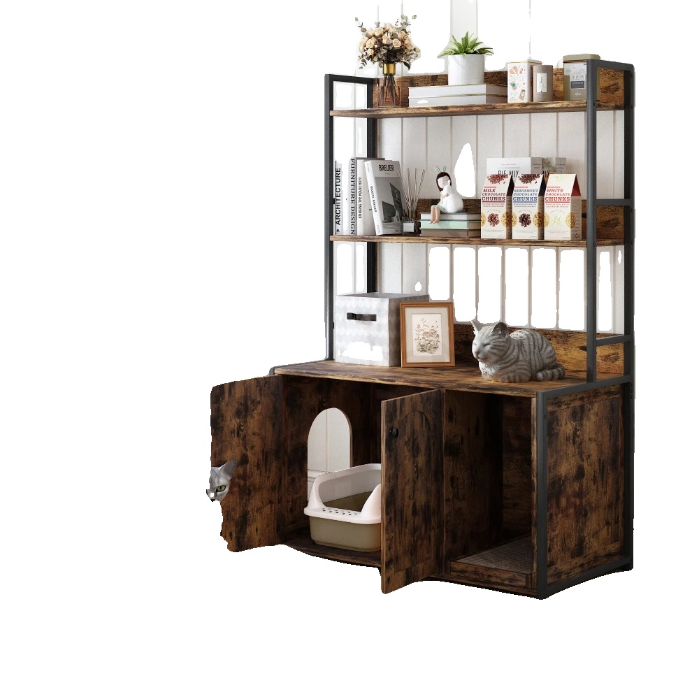 Katzenwaschraum-möbel, Versteckter Stauraum, Geruchskontrolle, Braun + Metall & Holz