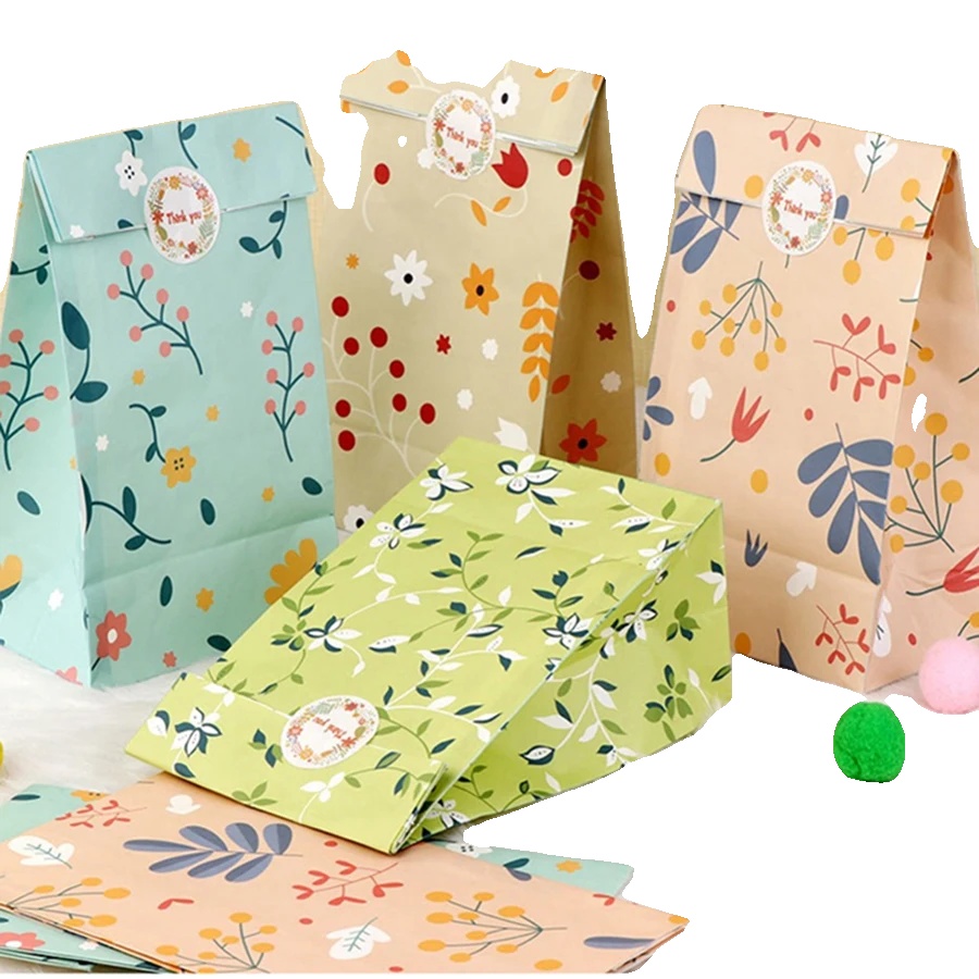 Geschenktüten, Pflanzenmuster, Umweltfreundliches Design, Gemischte Farbe-12stück, 12x8x22cm-a
