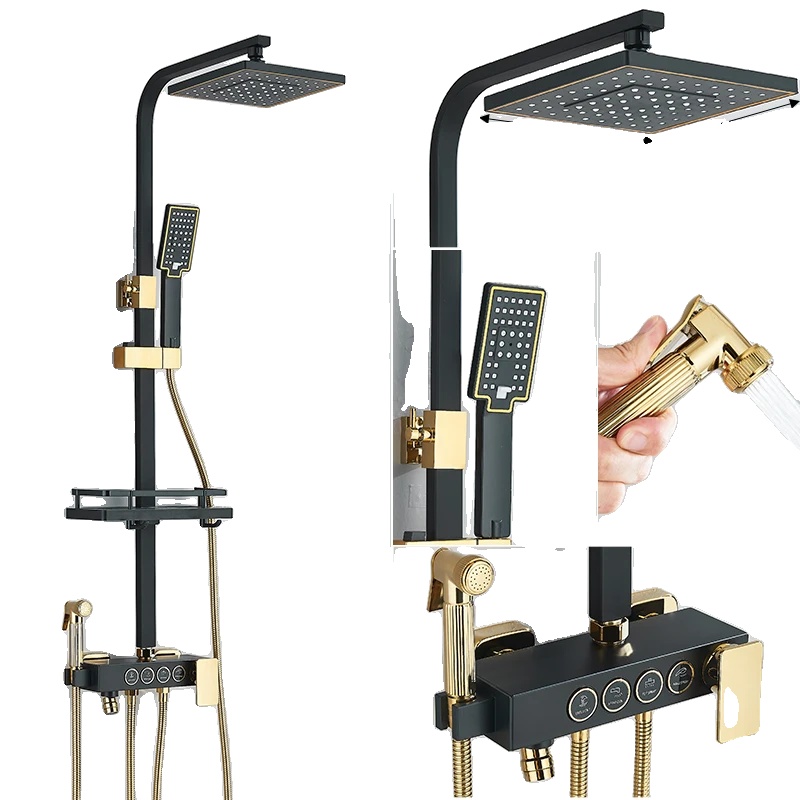 Quadratisches Regendusche-set, Thermostatische Steuerung, Stilvolles Schwarz-gold-finish, 4-wege Schwarzgold