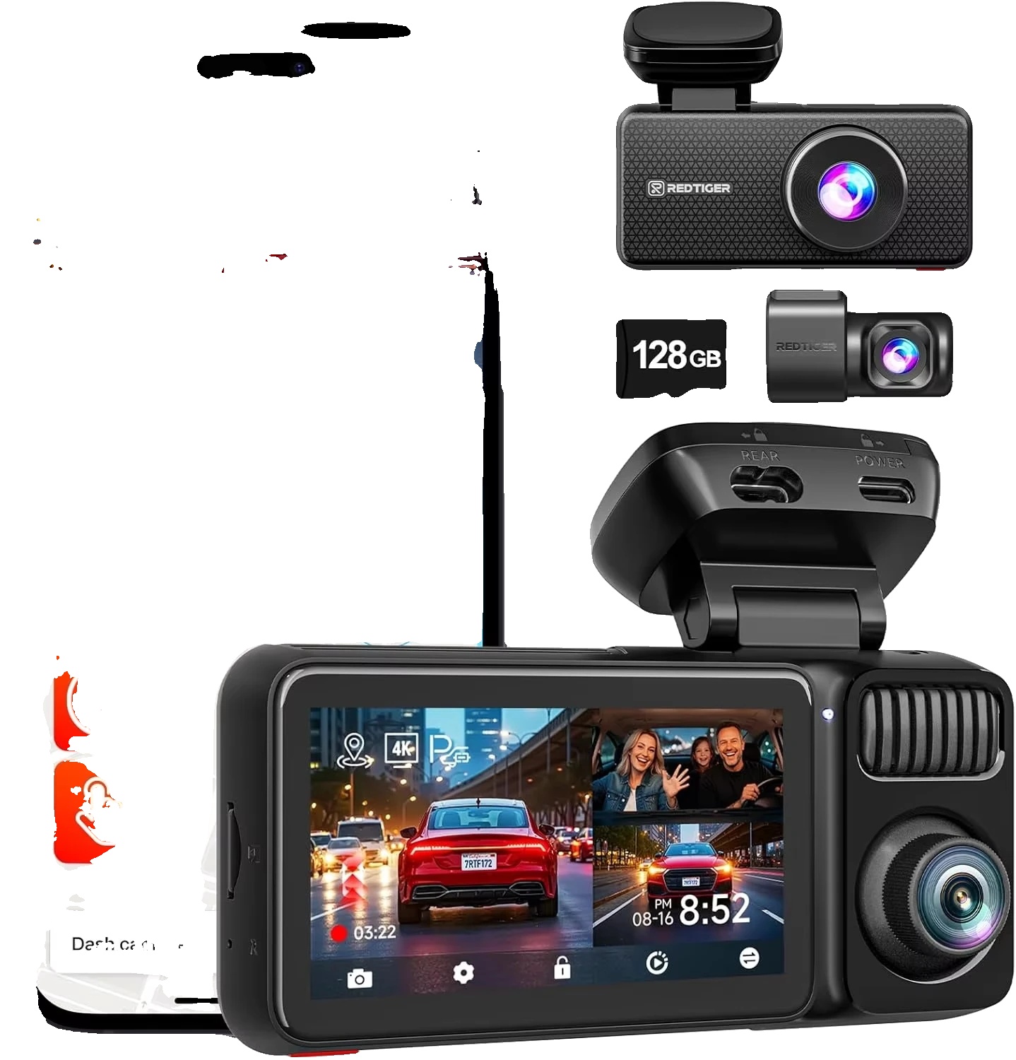 Dashcam, 4k Aufnahme, Drei-linsen-system, Kein Hw-kit, 128g