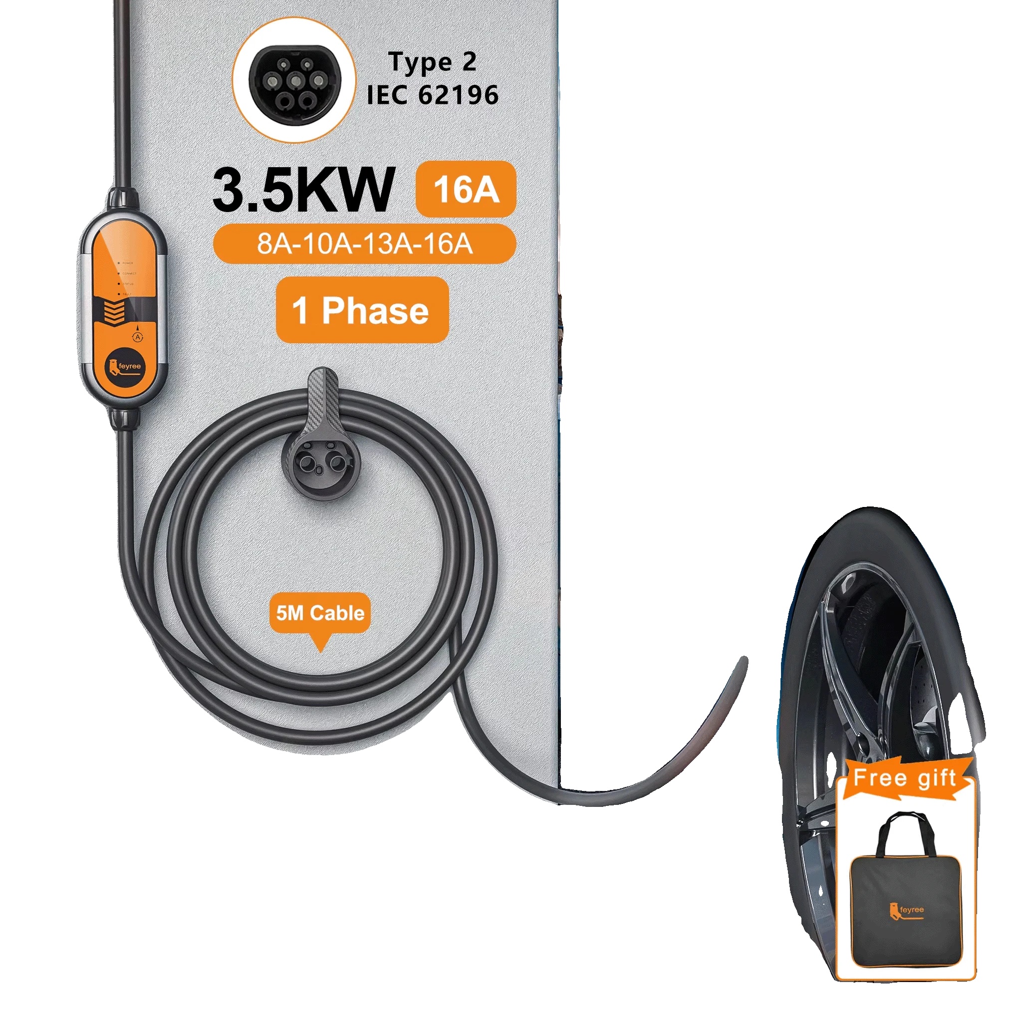 Tragbares Ev-ladegerät, Einstellbarer Strom 8a-16a, Ip65 Wasserdicht, Typ2