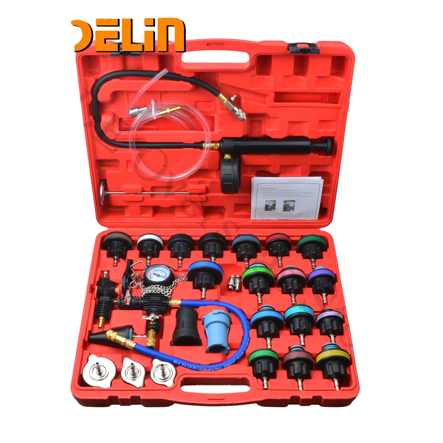 Kühlerdruckprüfer, 28-teiliges Set, Druckprüfbereich 0-35 Psi, Langlebiger Kunststoff, Gewicht 6,5 Kg