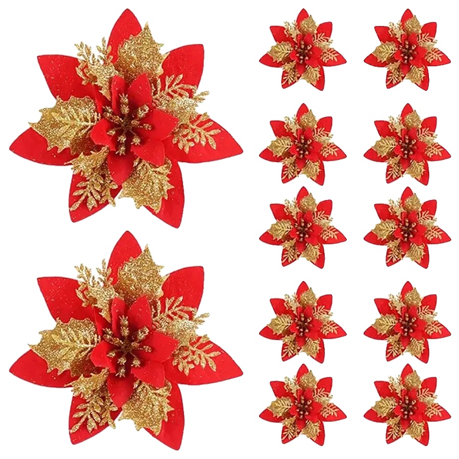 Künstliche Blumen, Weihnachtsstern-design, 10 Stück Set, Rot-gold, 14cm-a