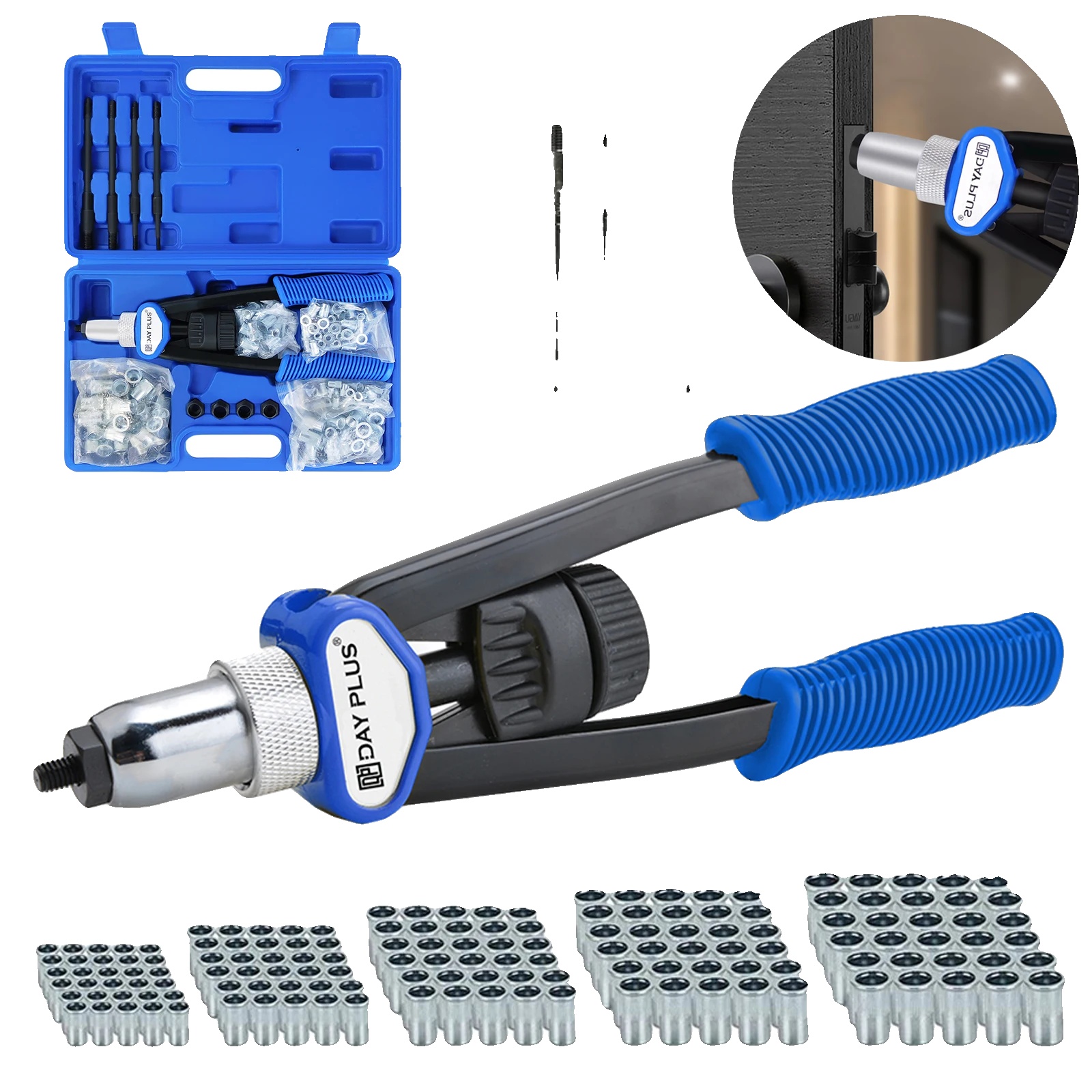 Rivetschlüssel, Gesamtlänge 335 Mm, 150 Nieten Sortiment, 5 Austauschbare Matrizen, Verzinkte Stahlkonstruktion, Kompatibel Mit M5-m12 Größen