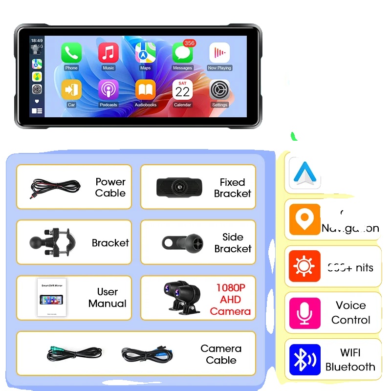 Motorradnavigation & Carplay, Wasserdichtes Design, Kabellose Konnektivität, 7 Zoll Carplay Dvr