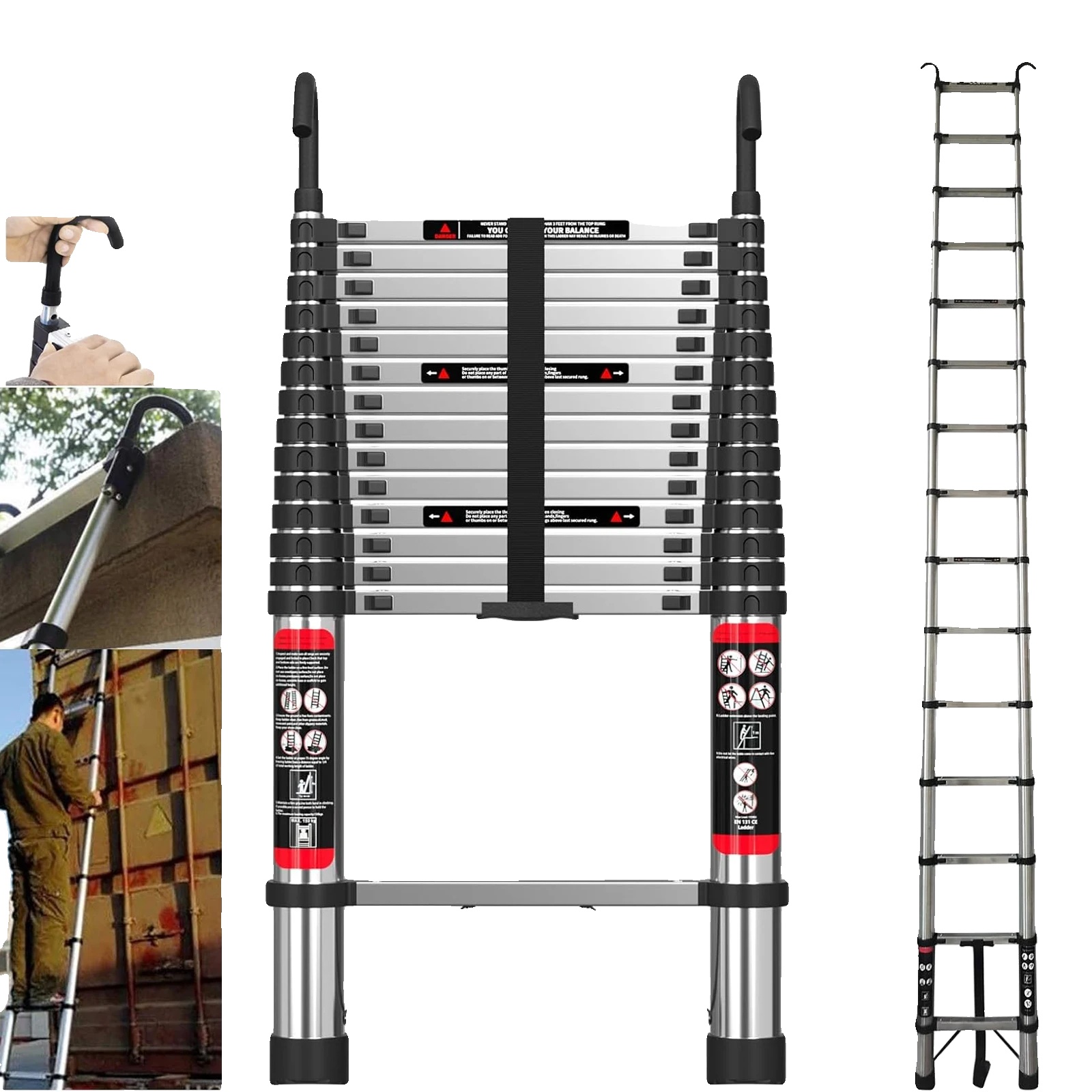 Teleskopleiter, 150 Kg Tragfähigkeit, Verstellbare Höhe, 4.4m Gerade Leiter + Abnehmbare Haken