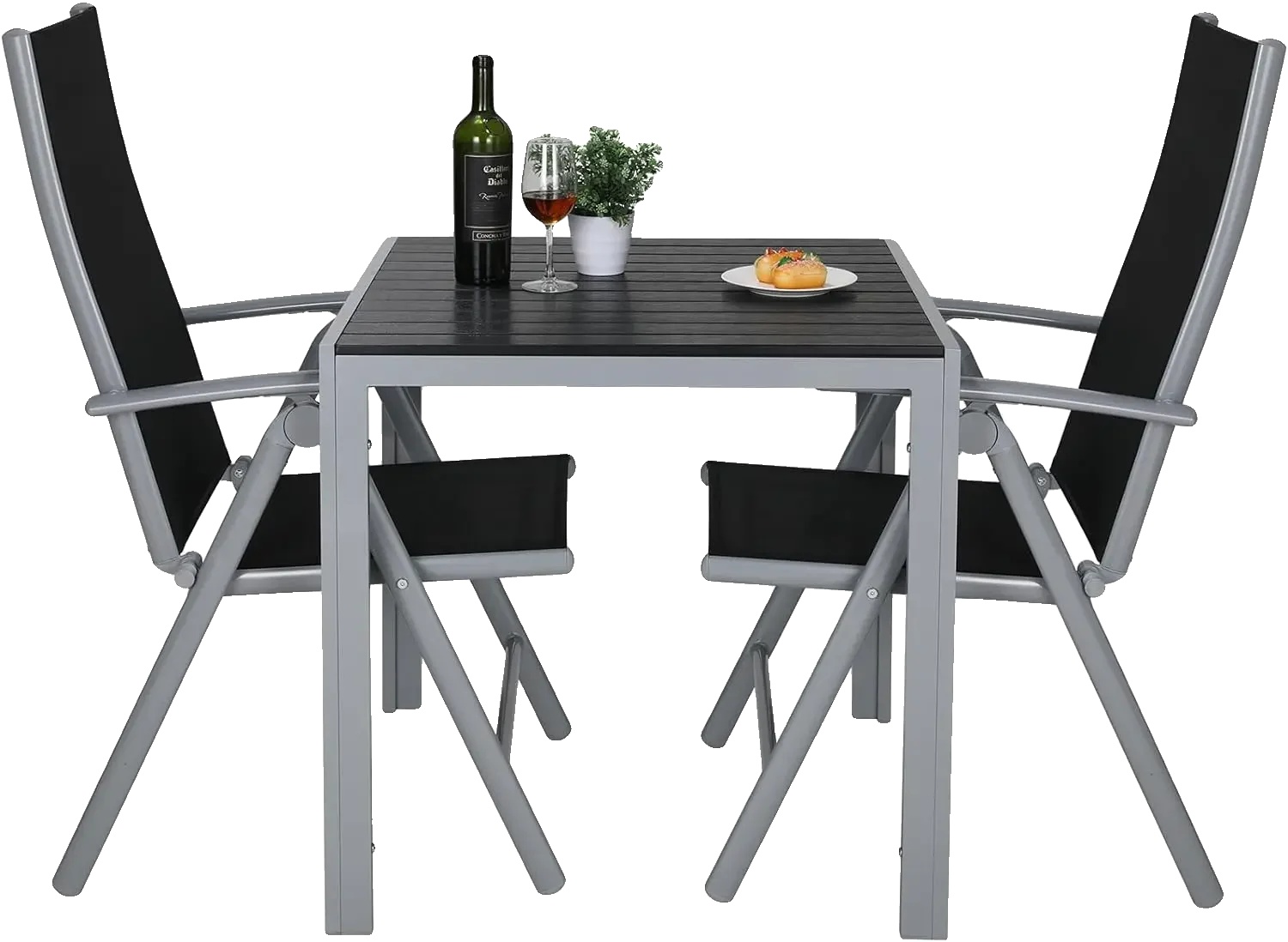 Gartenmöbelset, Verstellbare Klappstühle, Wpc-quadrattisch, Schwarz.silberrand