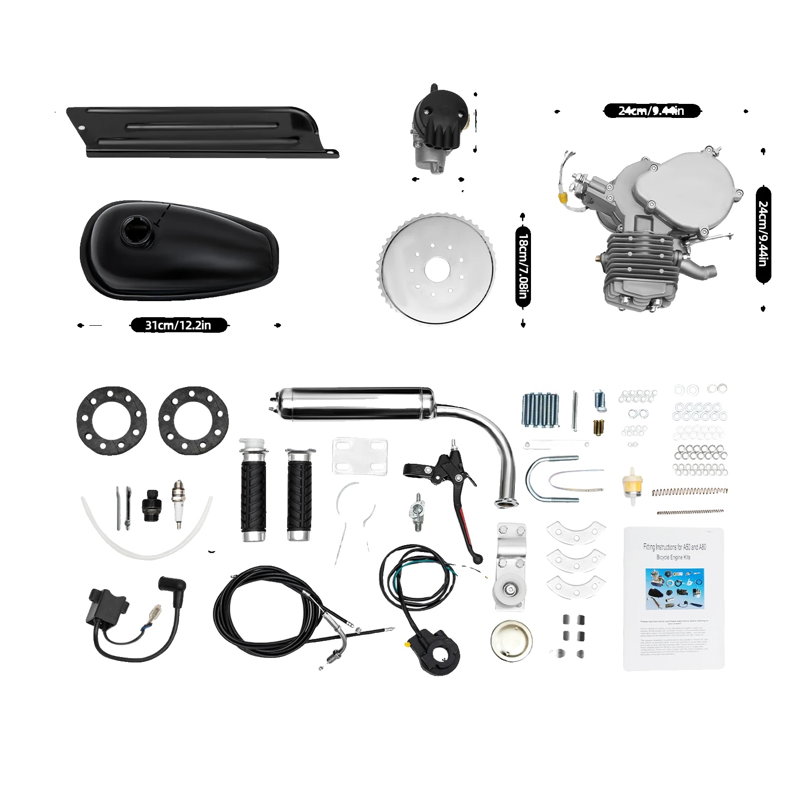 Motor Kit, 80cc 2-takt, Passend Für 26-28 Zoll Fahrräder, Silber