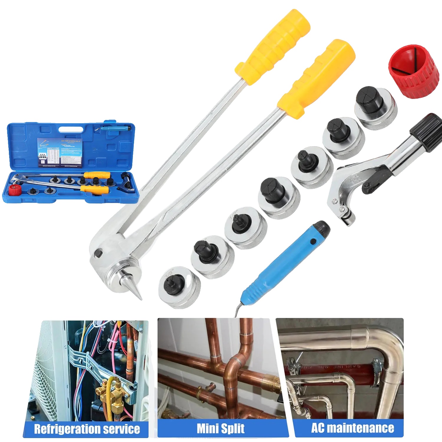 Rohrdehnungsset, Zink-eisen-legierung, Rohrdurchmesserbereich: 3/8" Bis 1‑1/8", Rohrschneiderbereich: 6mm Bis 42mm, Anzahl Der Dehnungsaufsätze: 7,