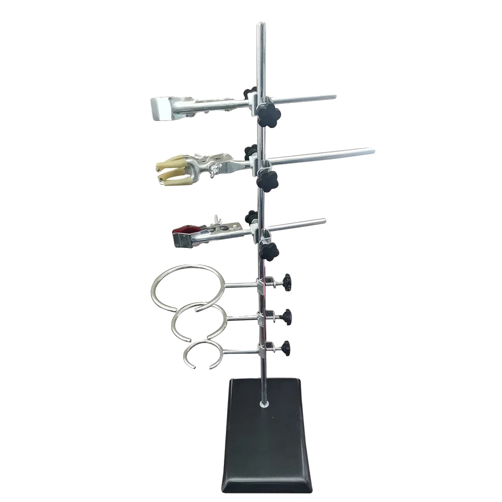 Laborstützstand, 60 Cm Höhe, Eisenmaterial, 14 Cm X 21 Cm Basis, 3 Kolbenklammern, 3 Ringklammern