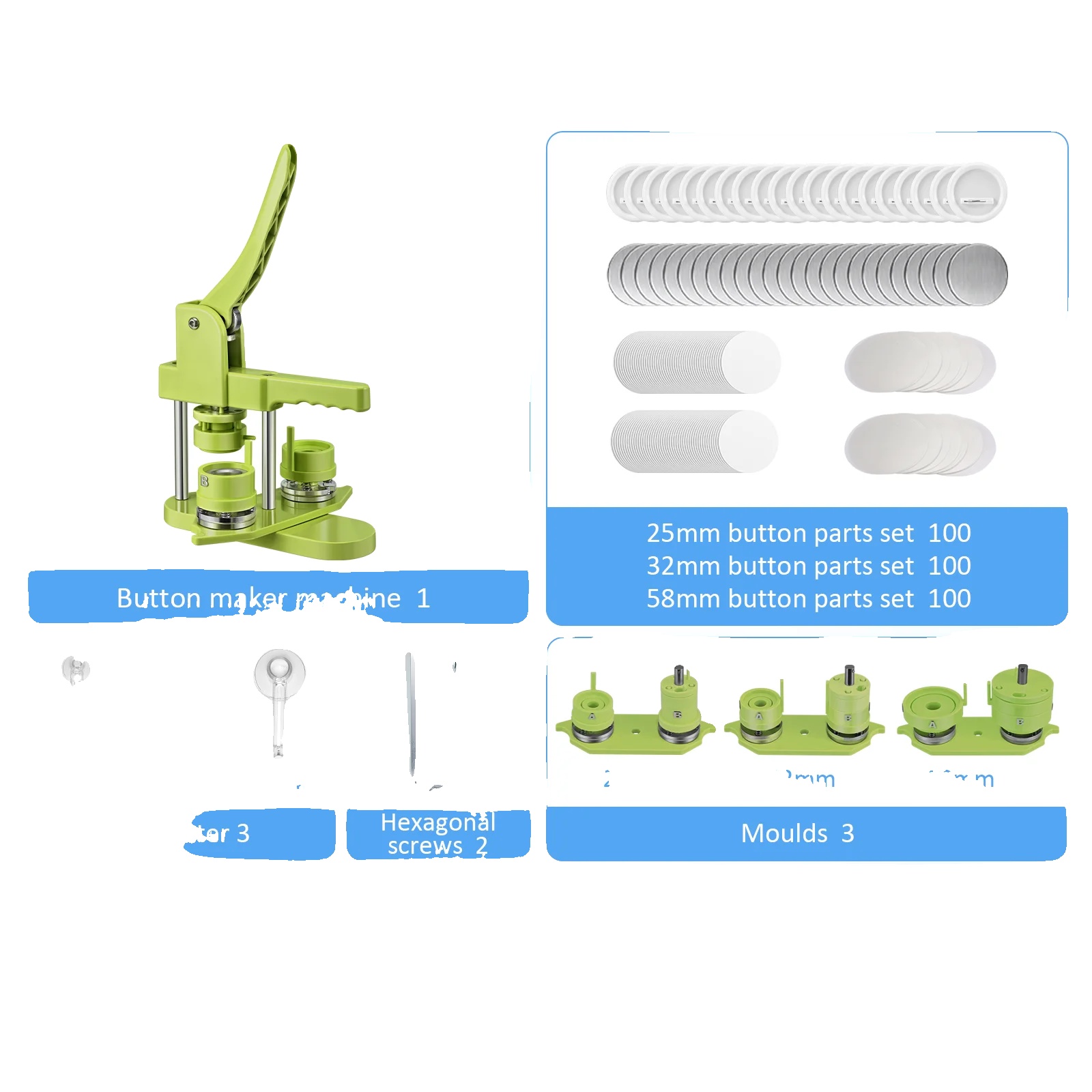 Button Maker Maschine, Erstellt 25mm, 32mm Und 58mm Abzeichen, Einschließlich Schlüsselanhänger Und Kreisstanzer., Grün