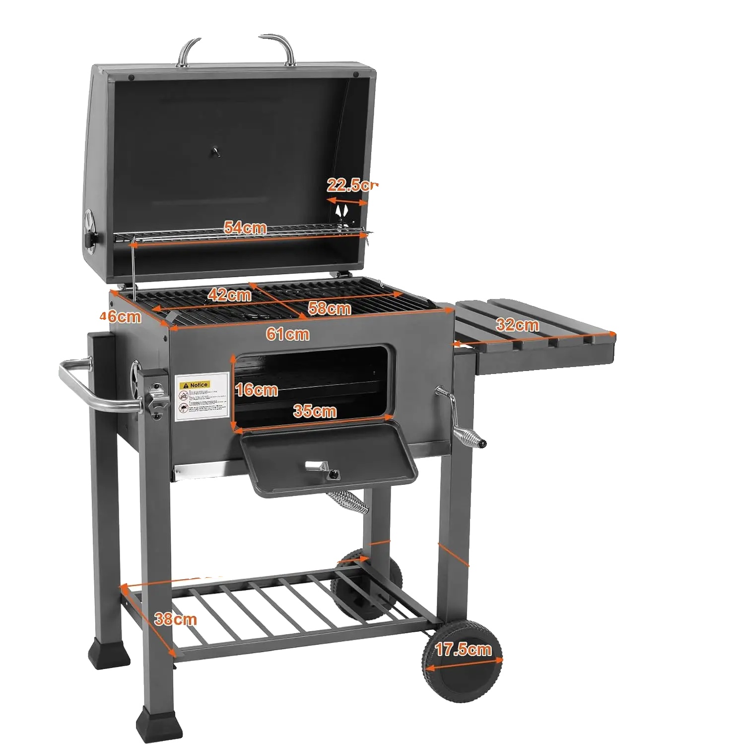 Holzkohlegrill, Kochfläche 578 Sq In, Abmessungen 116 X 55,7 X 100 Cm, Sicherheitsvorrichtung Flammensicherheitsvorrichtung, Material Stahl, Einfach