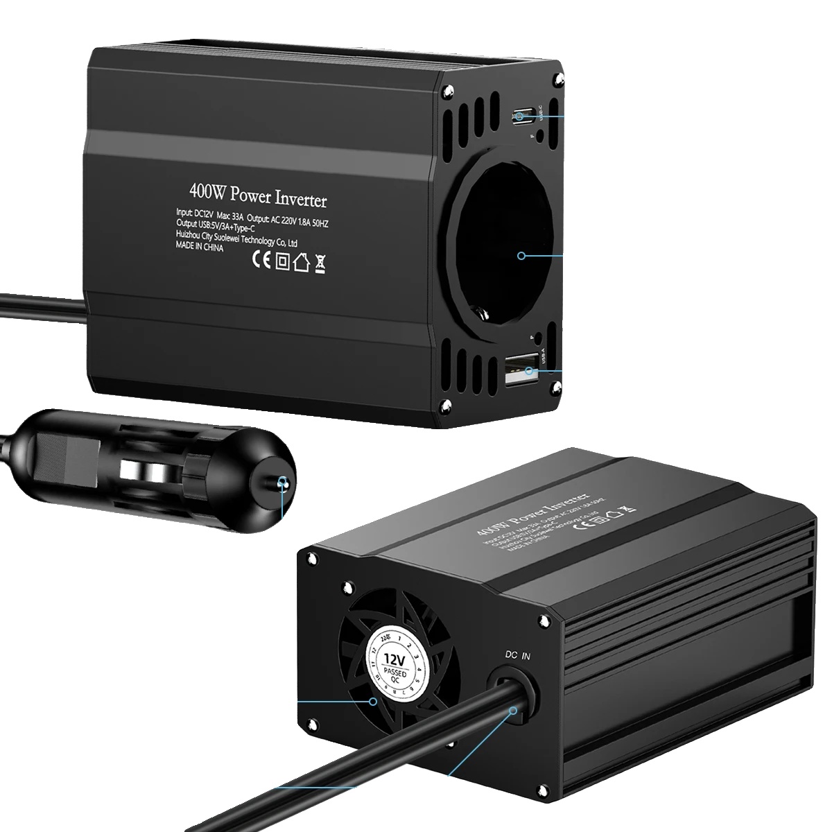 Auto Spannungswandler, Dc 12v Auf Ac 220v, Smart Display, 12v 400w-schwarz