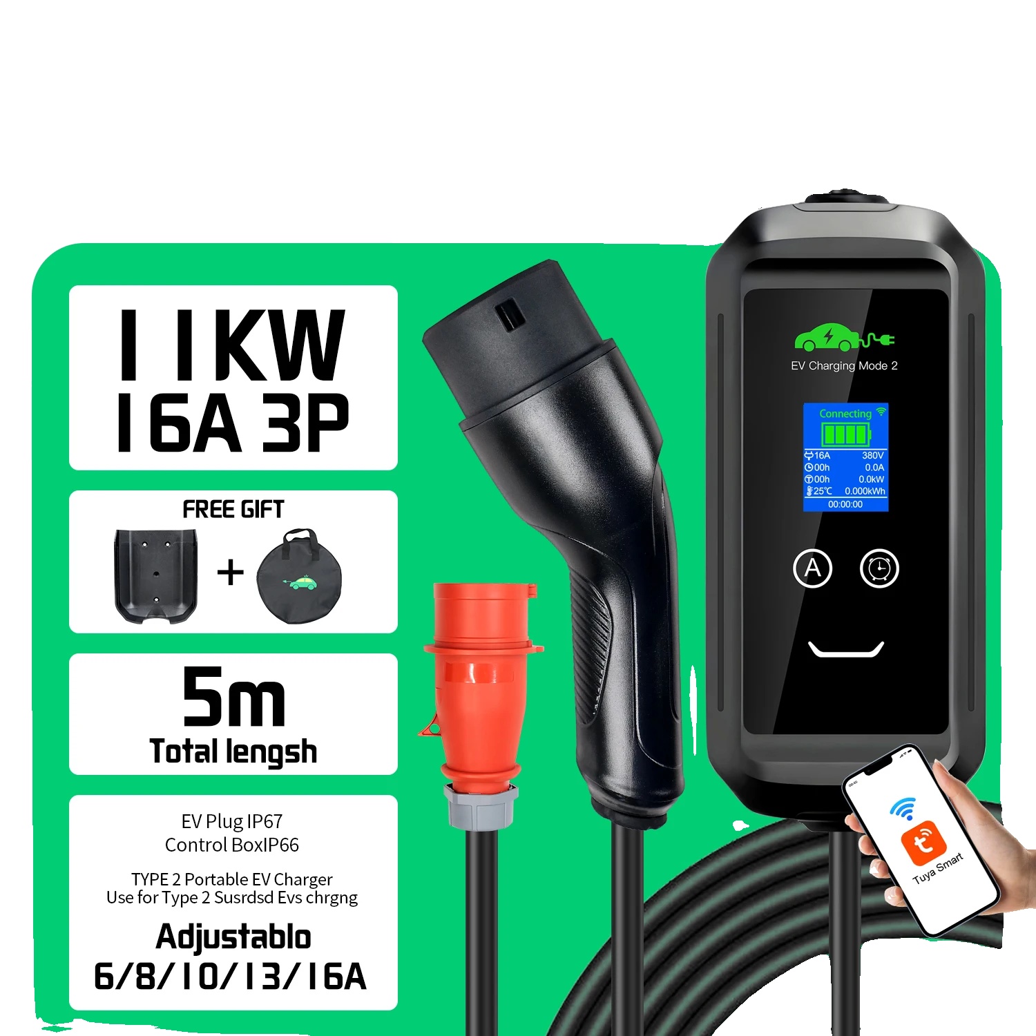 Ev-ladegerät, Wlan-konnektivität, Einstellbarer Strom, 11kw-app, Type2