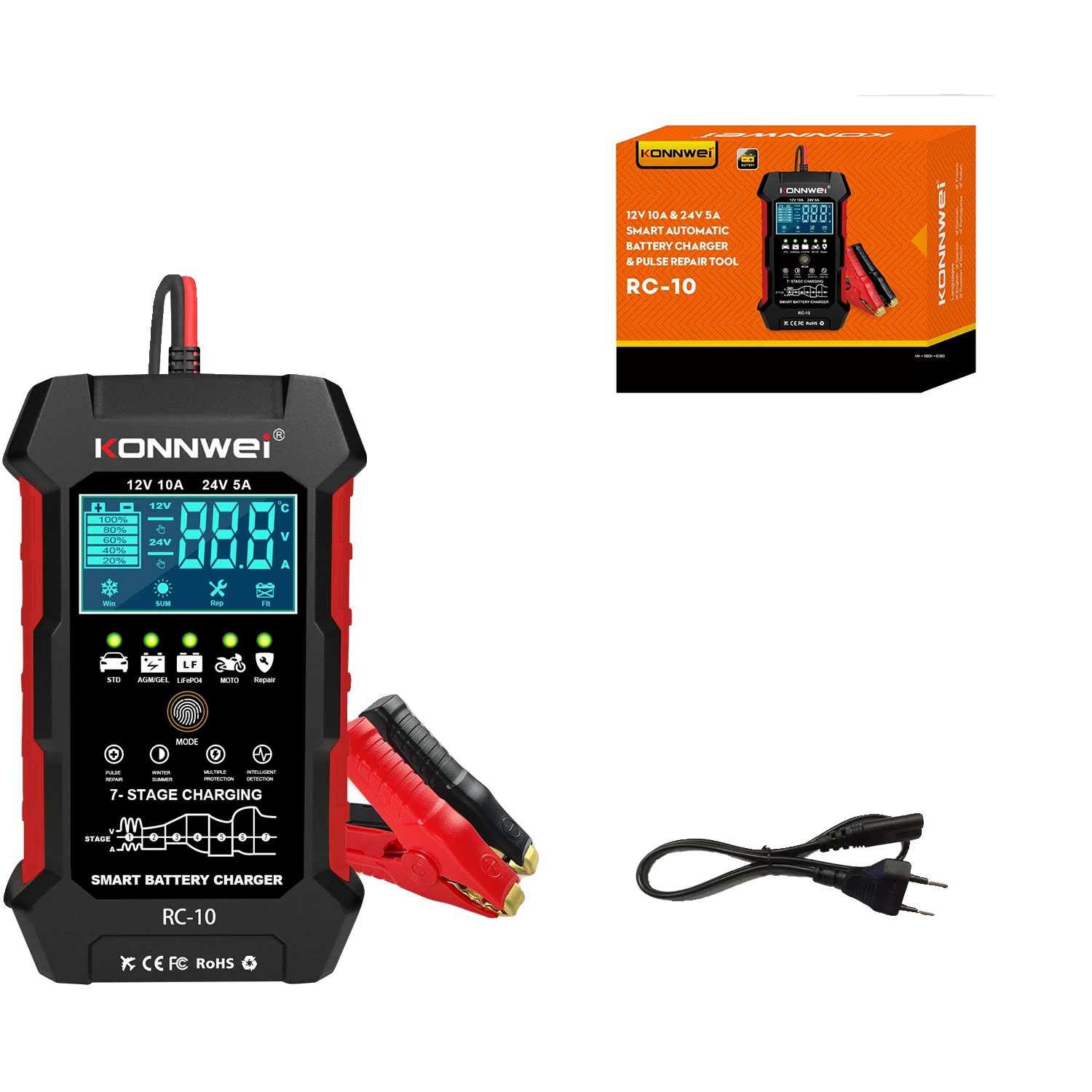 Intelligentes Autobatterieladegerät, 12v Und 24v Kompatibilität, Batteriereparaturfunktion, Schwarz