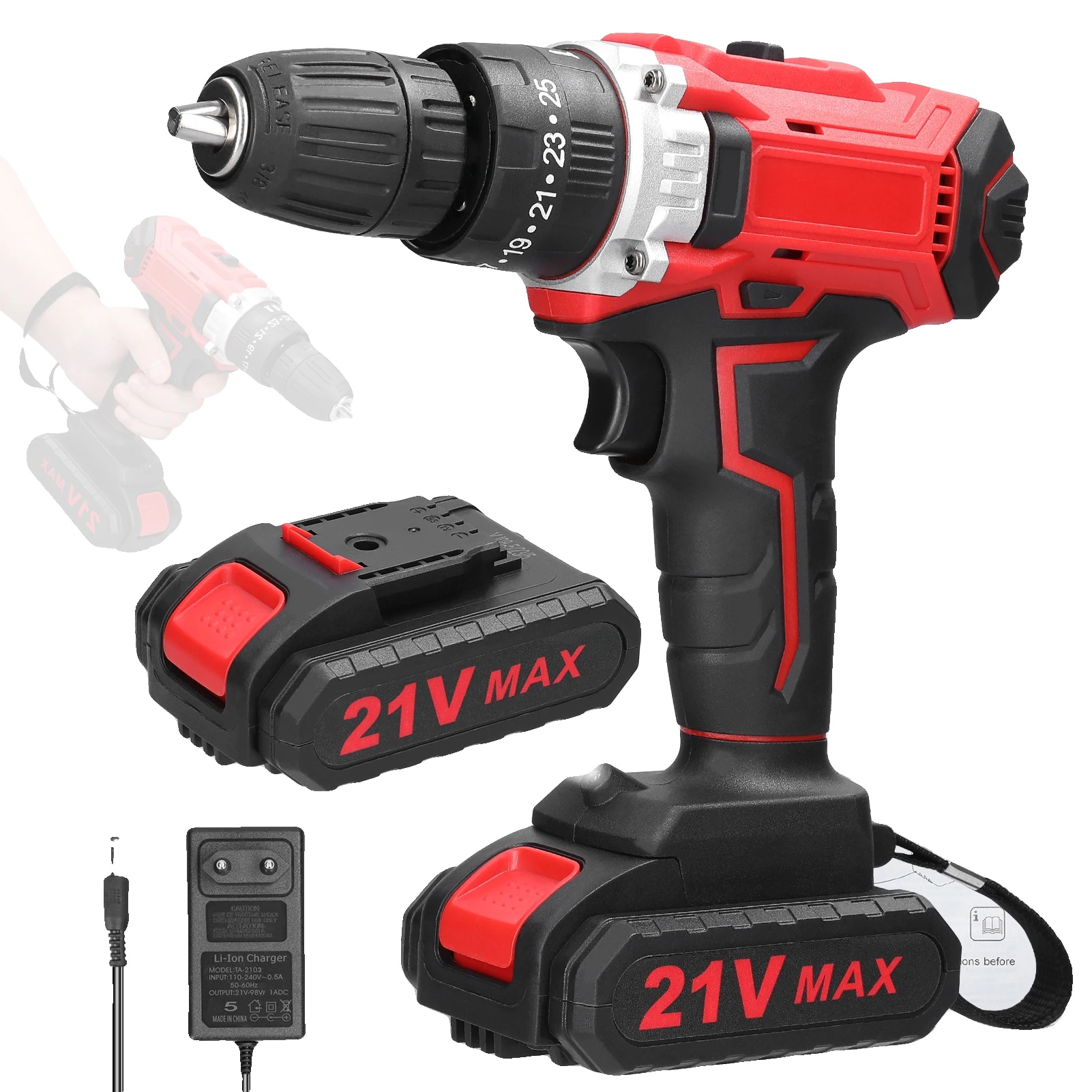 Elektrobohrer, 21v Batterieleistung, Einstellbares Drehmoment, Eu, 2 Batterien