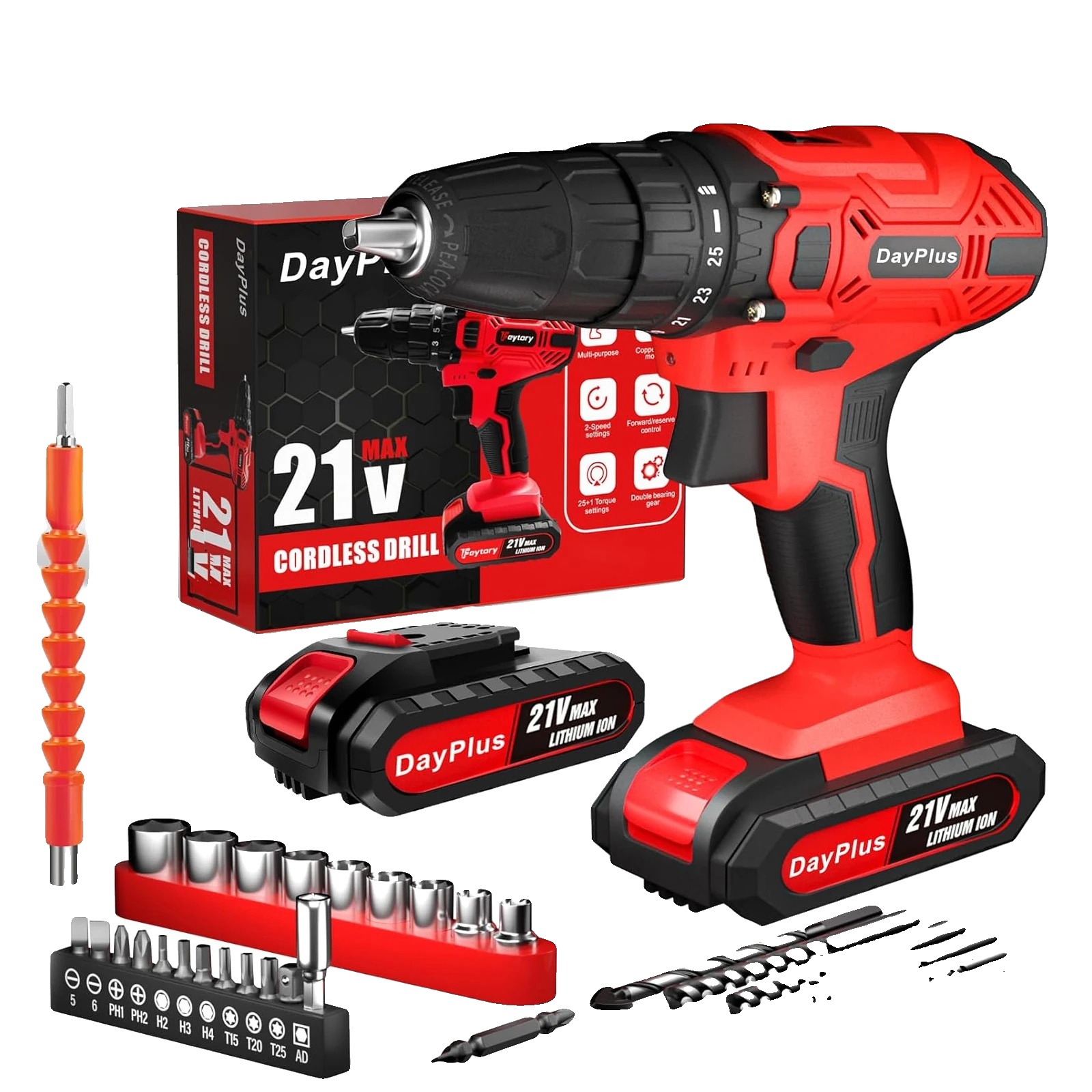 Akku-bohrschrauber, 21v Batterie, 25 + 1 Drehmomentstufen, Bohrer + 1x Batterie-rot