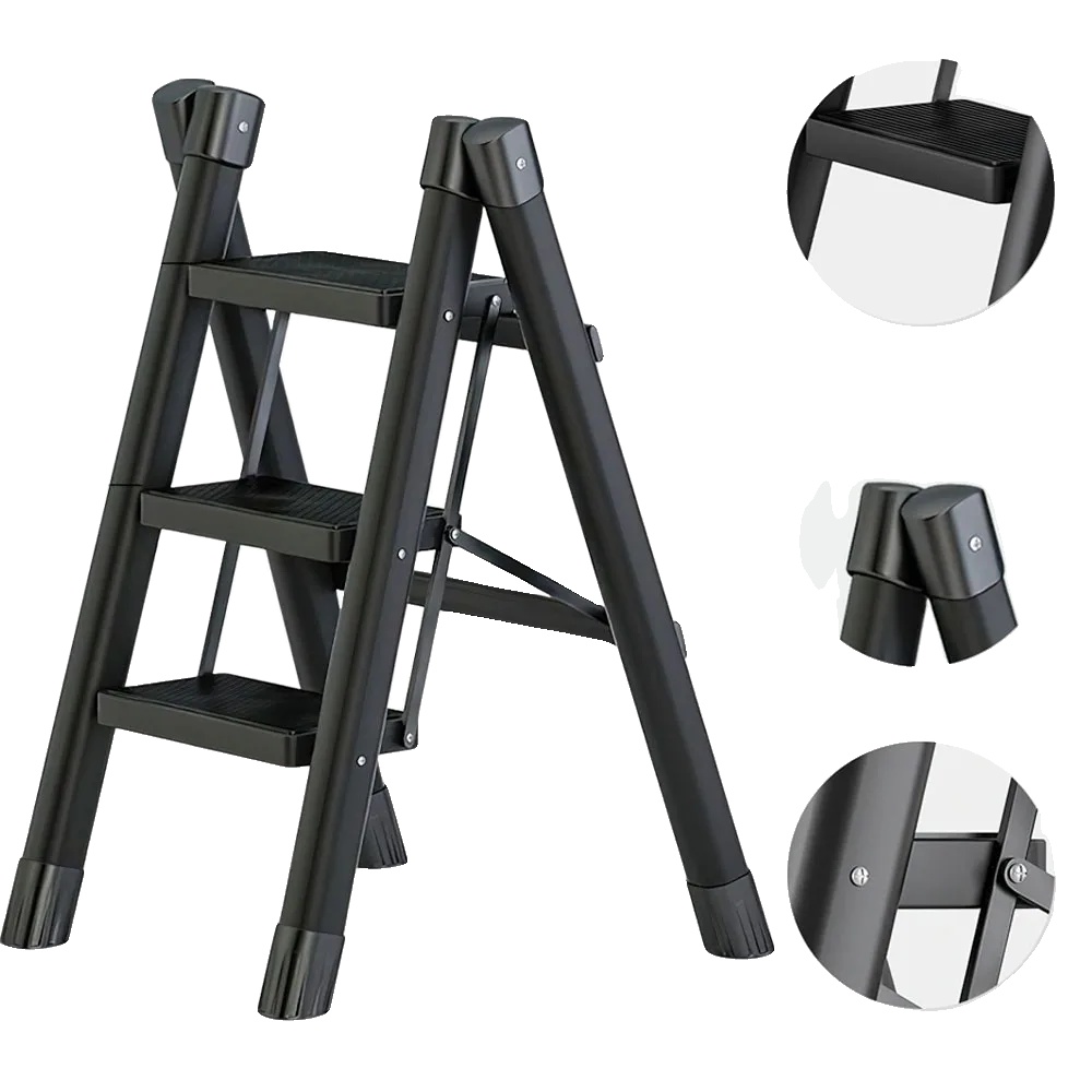 Faltleiter, Hohe Tragfähigkeit, Platzsparendes Design, 3 Schritt-schwarz