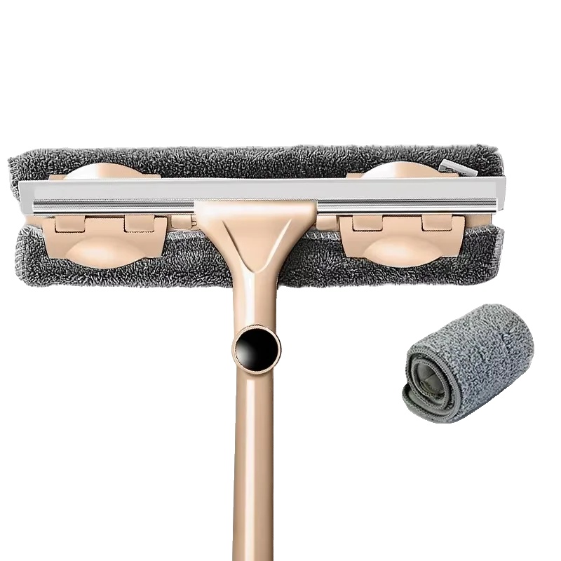 Fensterreinigungswerkzeug, Teleskopstiel, Dual-reinigungskopf, Khaki 1 Mop 2 Tuch