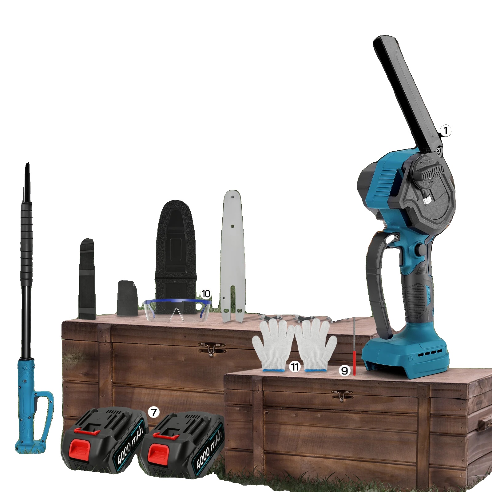 Elektrische Kettensäge, Teleskopastschneider, Hochleistungsmotor, Blau