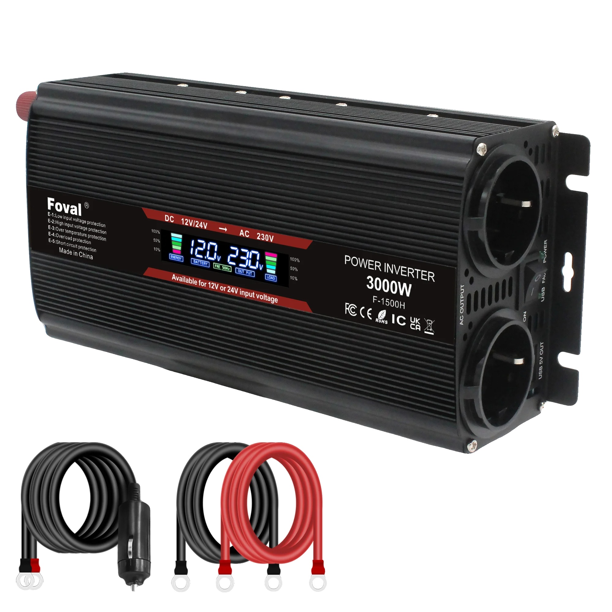 Stromwechselrichter, Modifizierte Sinuswelle, Duale Usb-ports, 3000w Schwarz