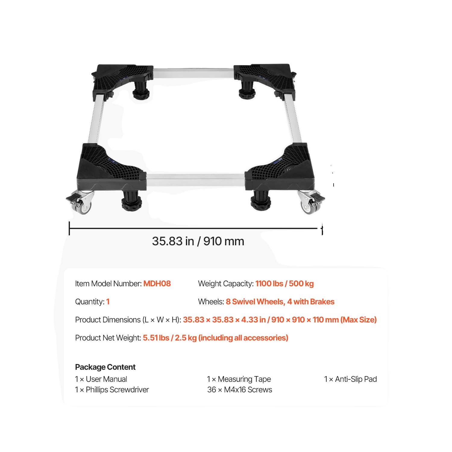 Möbelroller, Verstellbare Mobile Basis, 500 Kg Tragfähigkeit, 1100lbs