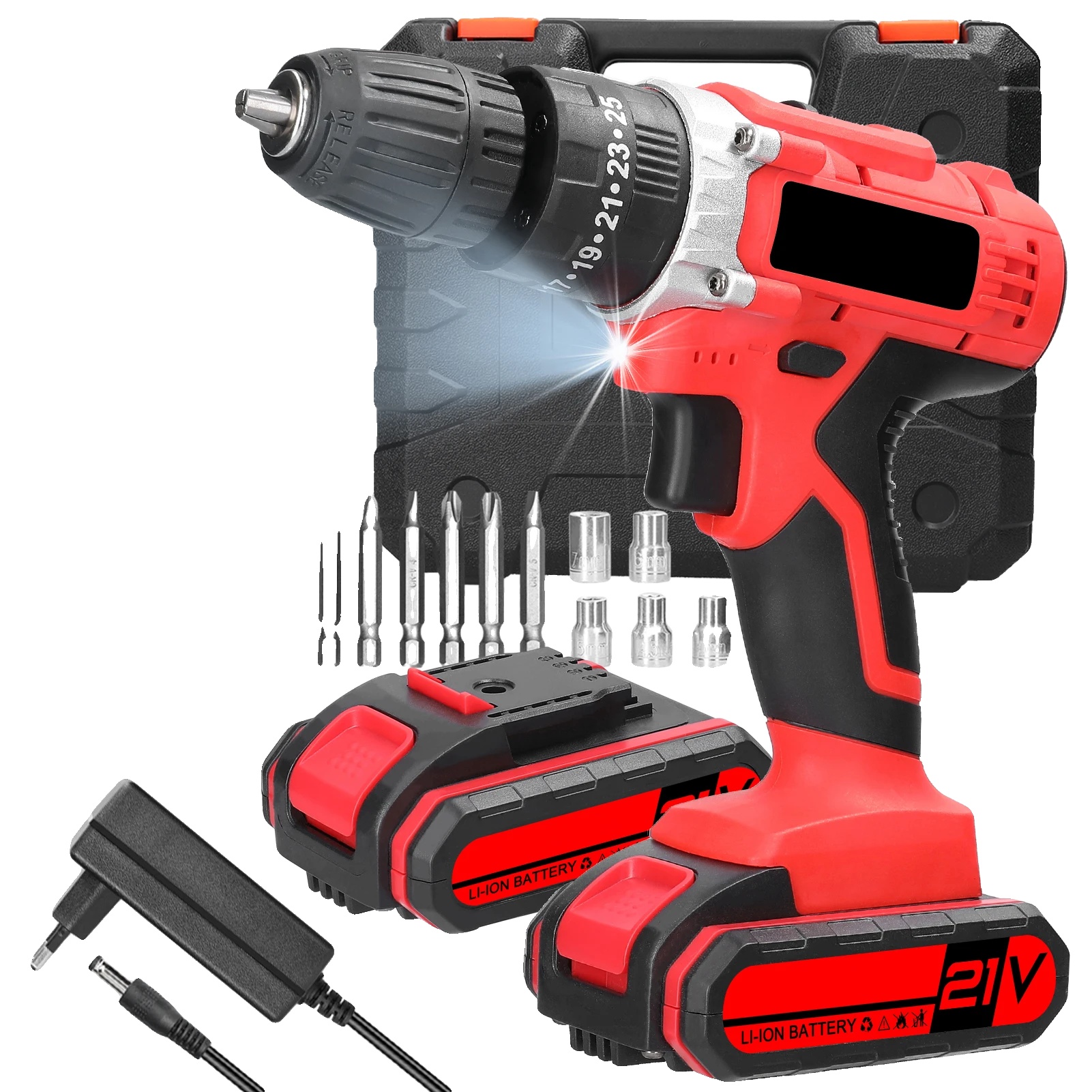 Akku-schrauber, 21v Lithium-batterie, Dualgeschwindigkeitsregelung, 2 Stück Batterien, Eu