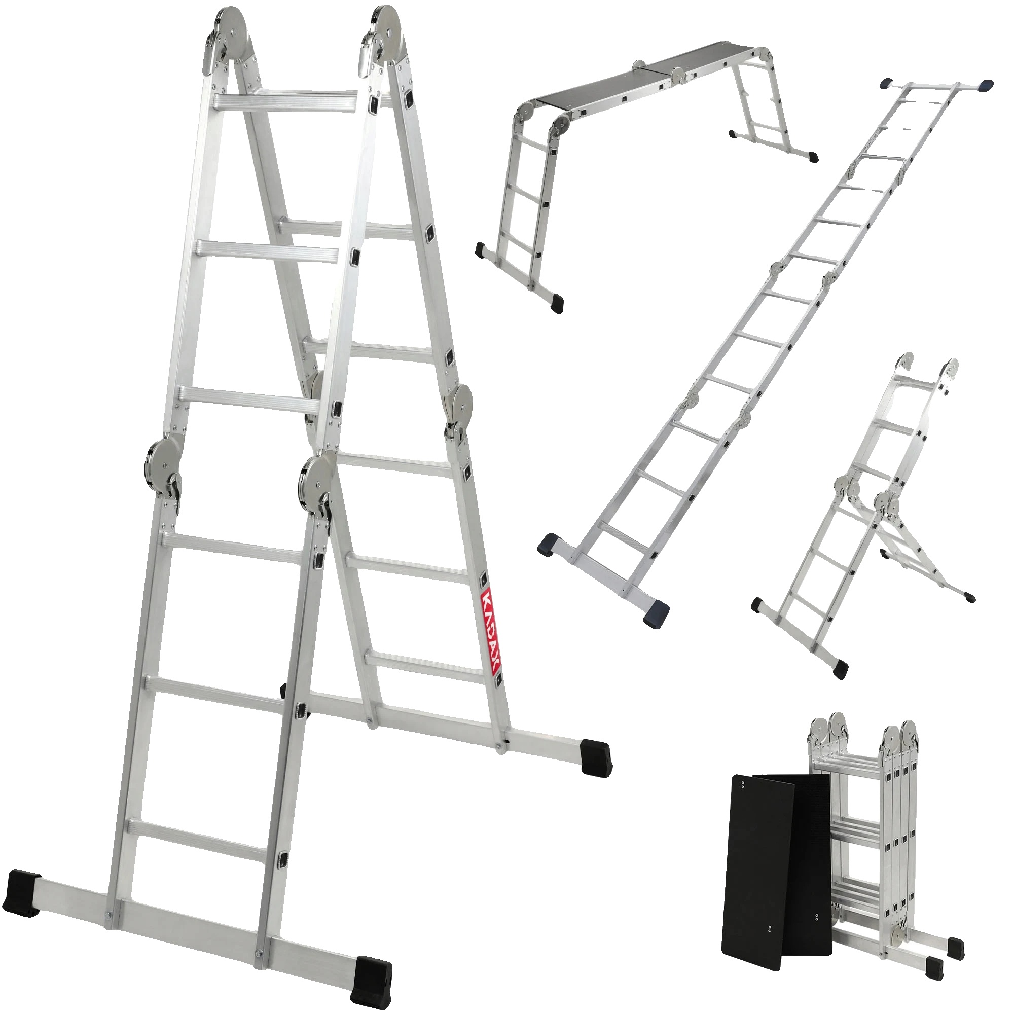 Aluminiumleiter, 4x3-konfiguration, Maximale Belastung 150 Kg, Vier Konfigurationen, Selbstverriegelnde Scharniere, Leichtes Design