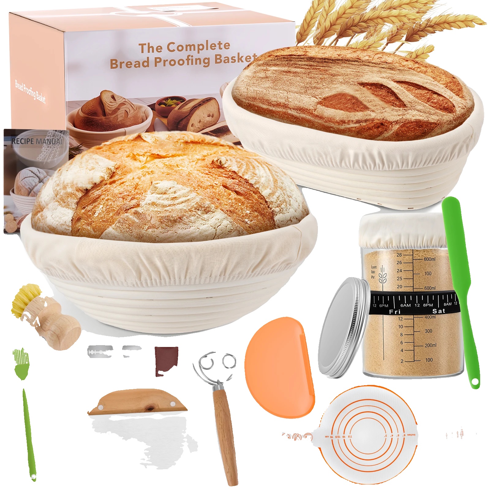 Sauerteig-starter-set, 900ml Glas, Rattan-gärböden, Beige