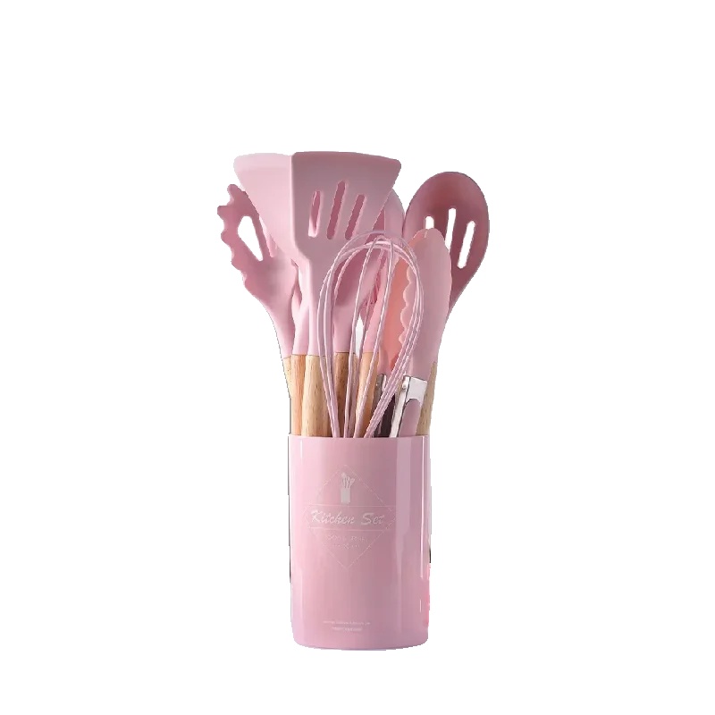 Kochgeschirrset, Antihaft-silikon, Hitzebeständige Holzgriffe, Rosa