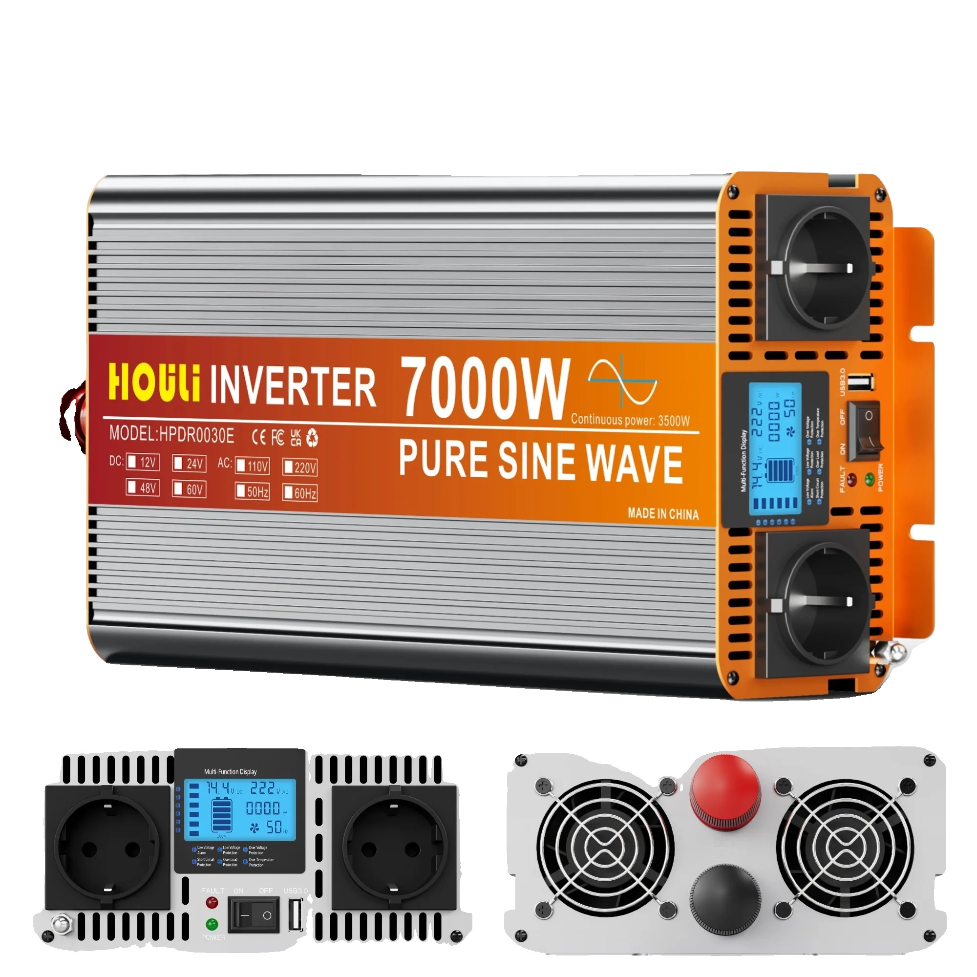 Wechselrichter, Reine Sinuswellen-technologie, Mehrere Ausgangsoptionen, Spitzenleistung 7000w, Europa-a, 24v-a, 230v-a