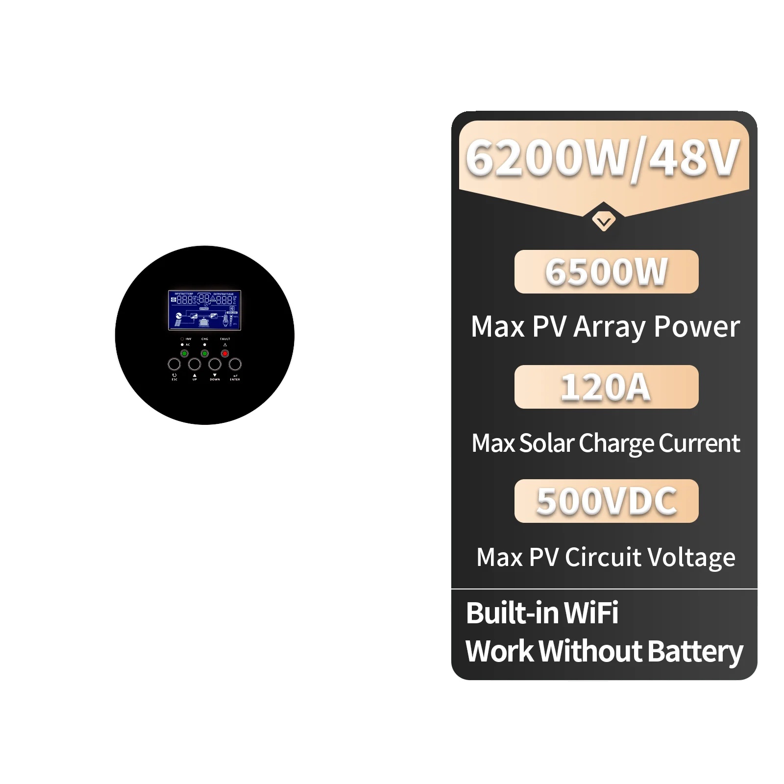 Solar-hybridwechselrichter, 6200w Leistung, Eingebautes Wi-fi, 6.2kp 48v, 220-240v