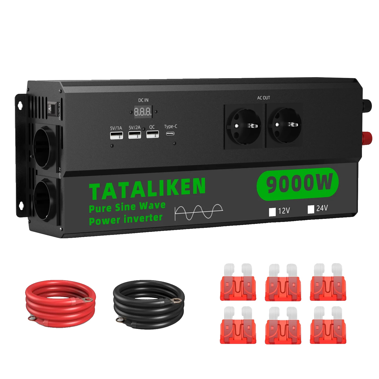 Reiner Sinuswellenwechselrichter, 220v Ac-ausgang, Temperaturgesteuerte Kühlung, 12v9000w220veu-schwarz