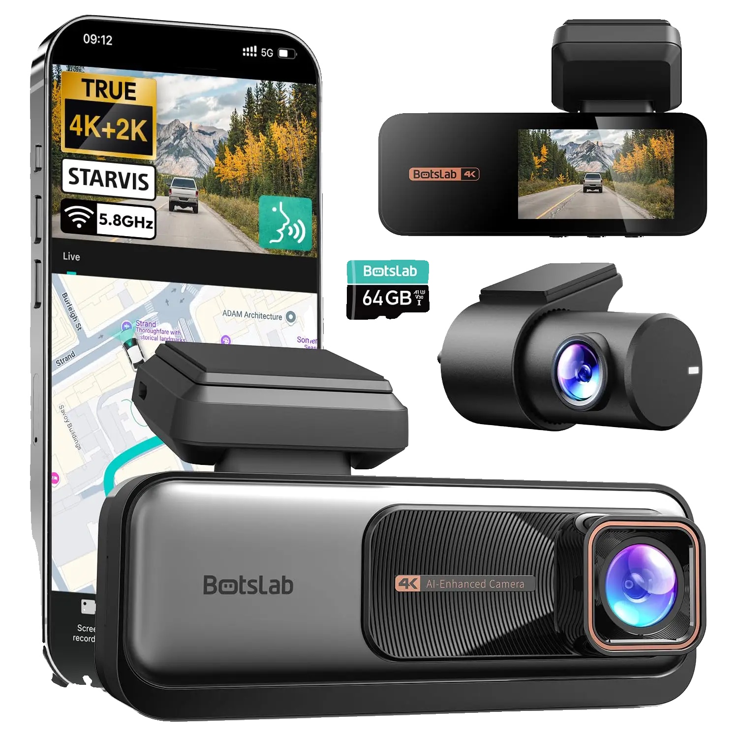 Dashcam, 4k Vorne & 2k Hinten, Adas Sicherheitswarnungen, Standardset, 64g