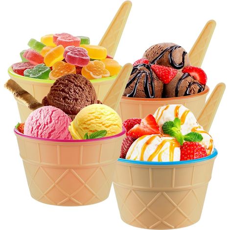 4er-set Eisbecher Und Löffel – Joghurtbecher Mit Löffeln – Robuster Kunststoff In Leuchtenden Farben – Hübsche Dessertschalen – Zubehör Für Selbstgemachtes Eis – Ideal Für