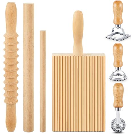7-teiliges Pasta- Und Gnocchi-set Aus Holz – Inklusive Gnocchi-brett, Nudelholz Und Ravioli-ausstechern – Ideal Für Anfänger