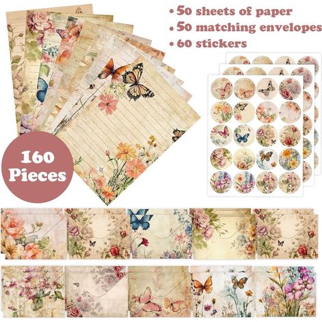 Briefpapier- Und Umschlagset (160-teilig) – 10 Verschiedene Designs – 50 Einseitig Bedruckte Blätter Papier – 50 Verschiedene Umschläge – 60 Runde Klebepunkte – 14 X 21 Cm – Botanisches Design