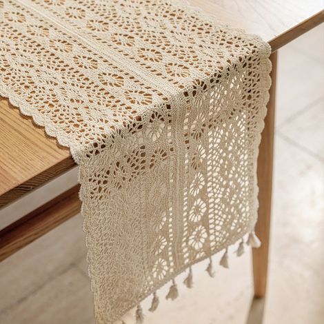 Gehäkelter Tischläufer Aus Spitze – Tischläufer Aus Böhmischer Baumwolle Und Leinen – Rustikale Tischdecke Mit Quasten – Tischdecke Für Eine Festliche Hochzeitsatmosphäre – 120 X 24 Cm (einteilig)
