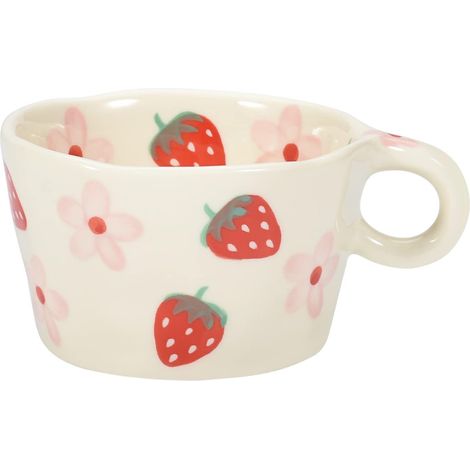 Keramik-kaffeebecher – Hübscher, Handbedruckter Becher – Geeignet Für Büro Und Zuhause – 200 Ml (6–5 Oz) Für Latte, Tee, Milch (erdbeere Und Blumig)
