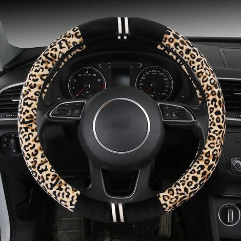 Lenkradbezug Mit Leopardenmuster – Samtstoff – Weich Im Griff – Atmungsaktiv – Universalgröße 15 Zoll – Beige