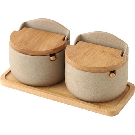 Salztopf, Gewürzglas, Salzbehälter, 2 Keramik-salztöpfe Mit Löffelförmigen Holzdeckeln, Gewürzbox, Küchengewürzbehälter, 22,8 X 10,8 X 9,5 Cm Für Die Arbeitsplatte